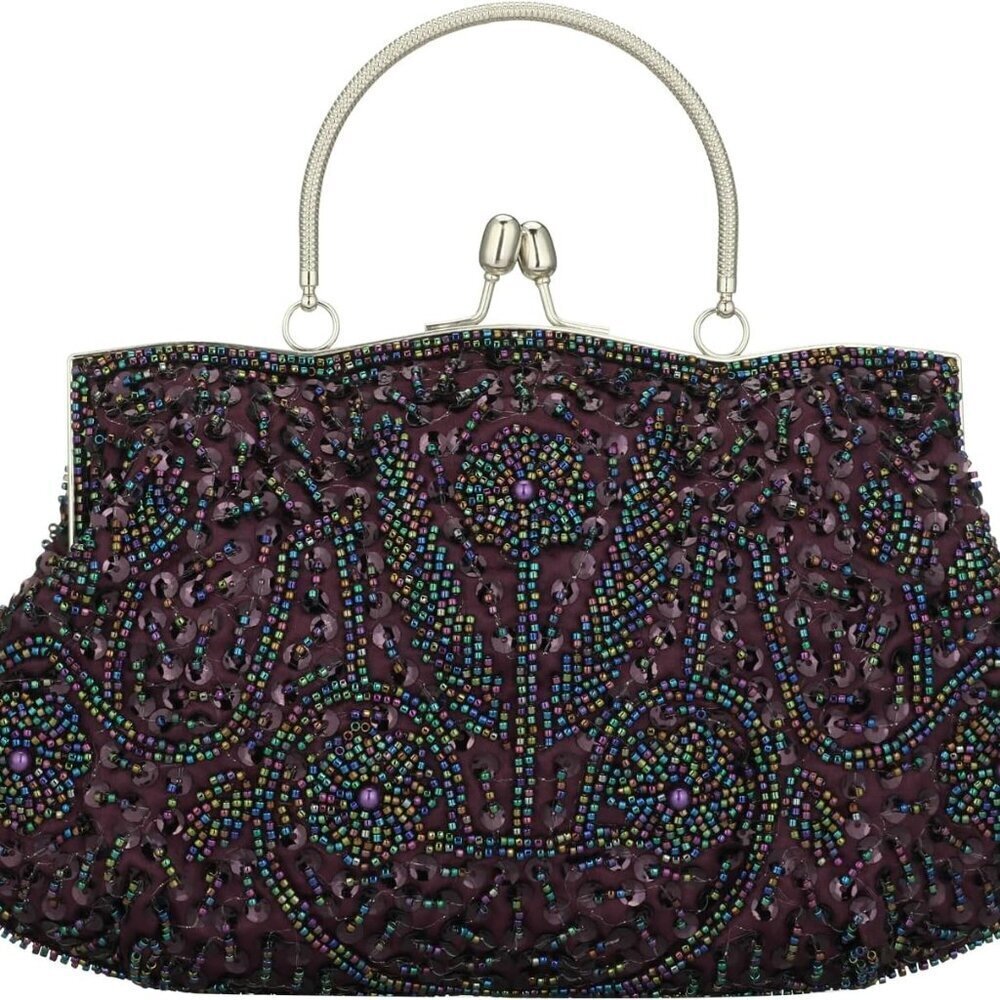 Beaded Sequin Flower Evening Clutch Bag Large Women's Party Purse
